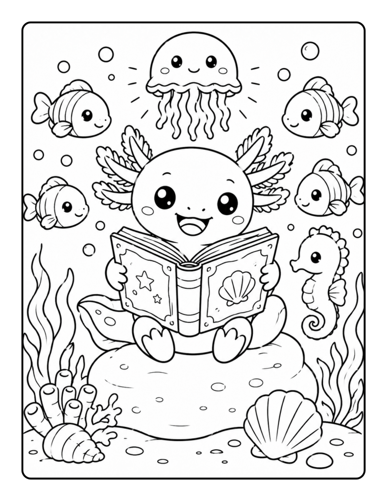 Cute axolotl reading a storybook while fish, a jellyfish, and a seahorse listen underwater.