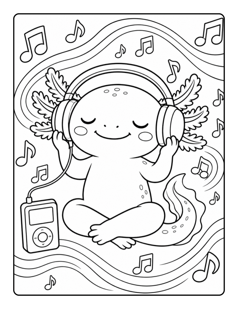 Relaxed axolotl wearing large headphones with music notes and flowing sound-wave lines.
