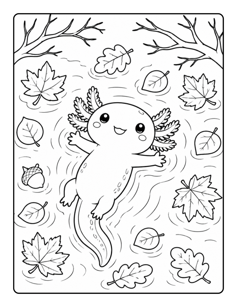 Smiling axolotl floating among maple, oak, and other autumn leaves on the water.