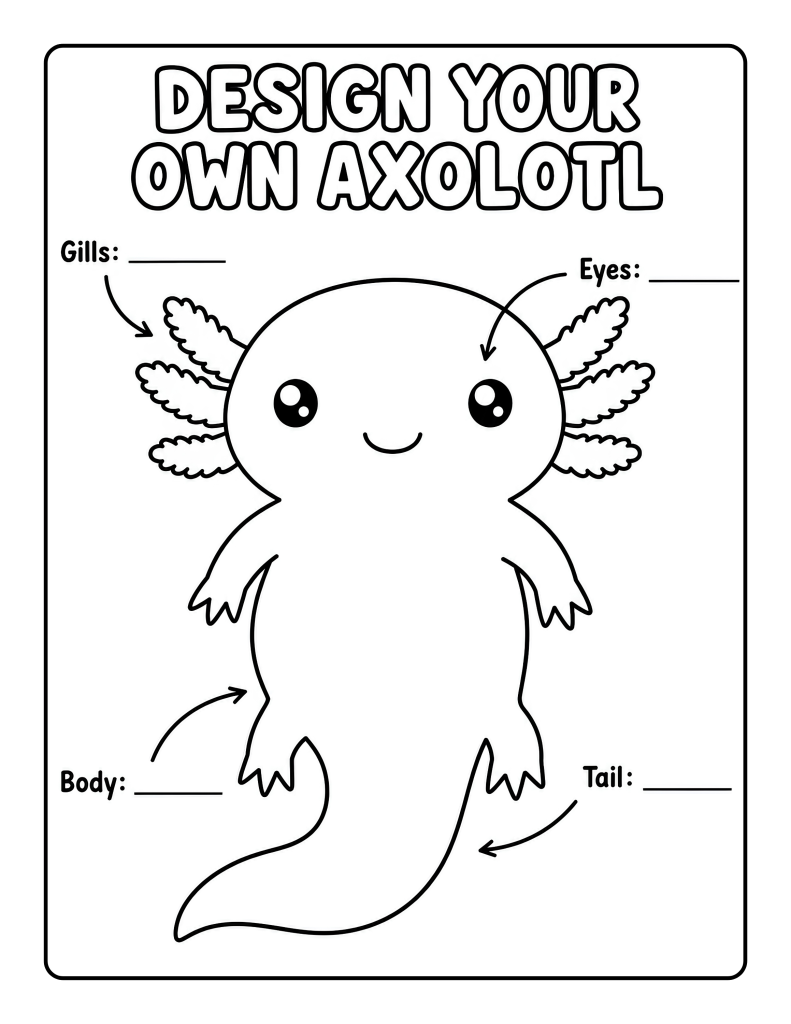 Blank axolotl design activity with labeled spaces for gill, eye, body, and tail colors.