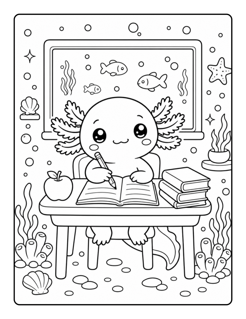 Cute axolotl writing in a notebook at a desk with books, apple, aquarium window, and sea plants.