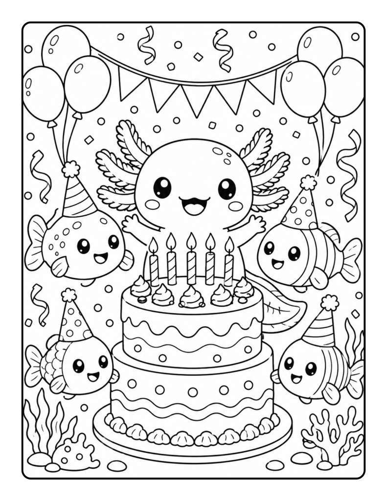 Axolotl celebrating behind a two-tier birthday cake with candles, balloons, fish, and party decorations.