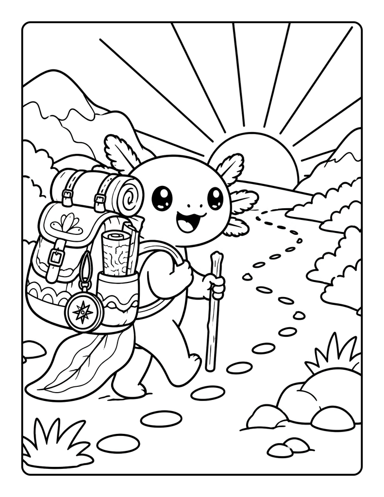Happy axolotl carrying a backpack and walking stick along a mountain trail at sunrise.
