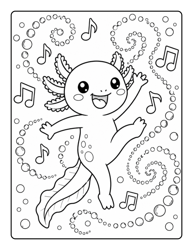 Happy axolotl dancing among swirling bubble patterns and musical notes.