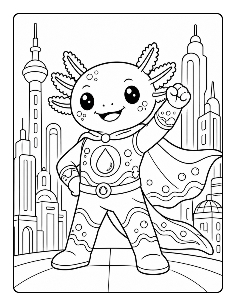 Confident axolotl superhero posing with a cape in front of a futuristic city.