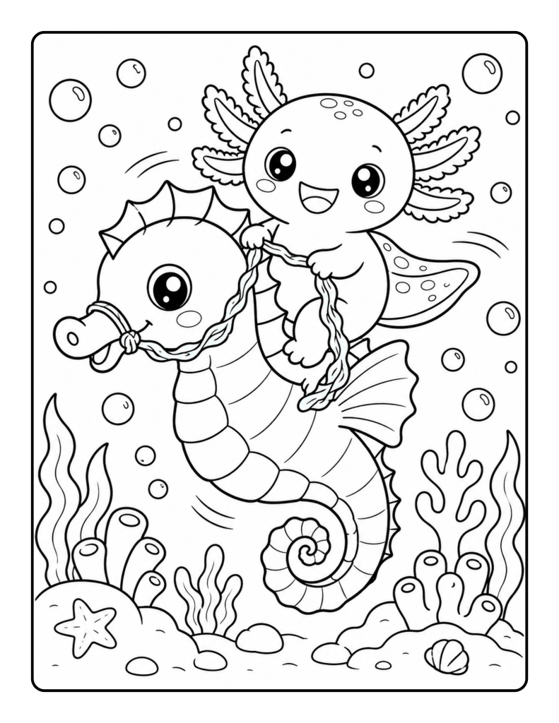 Happy axolotl riding a large friendly seahorse through bubbles and underwater plants.