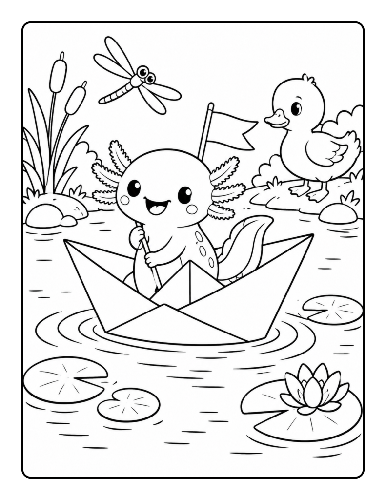 Cute axolotl sailing in a paper boat with a duck, dragonfly, lily pads, and pond flowers.