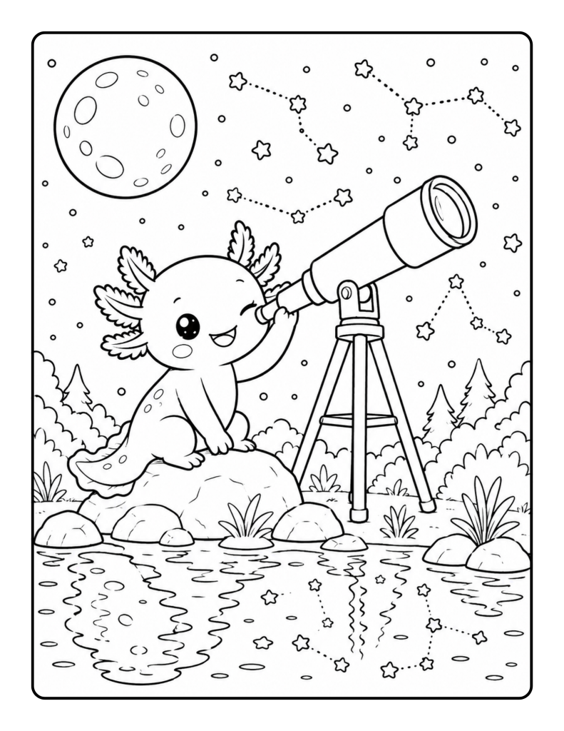 Curious axolotl looking through a telescope beside a moonlit pond and constellations.
