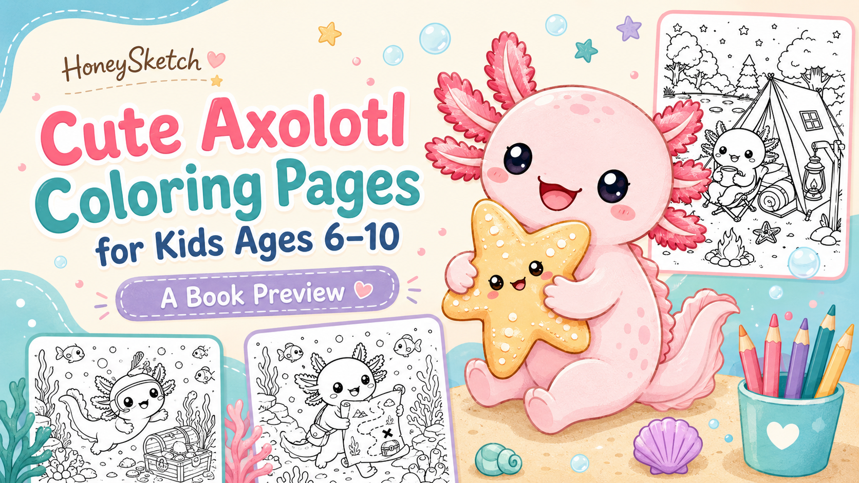 Cute pink axolotl with coloring-page previews from an axolotl coloring book for kids ages 6–10.