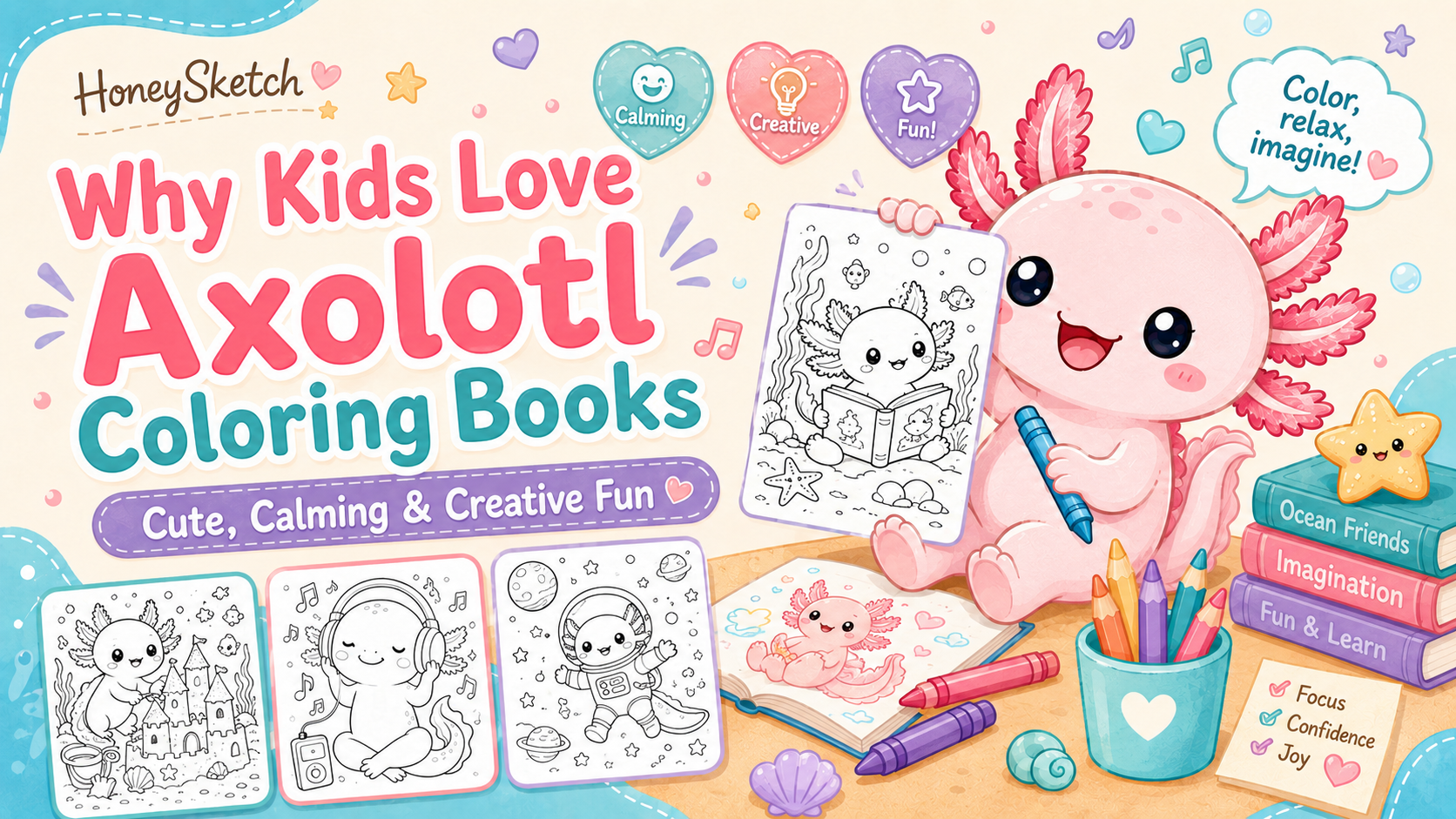 Why kids love axolotl coloring books with a cute pink axolotl, crayons, books, and adventure-page previews.