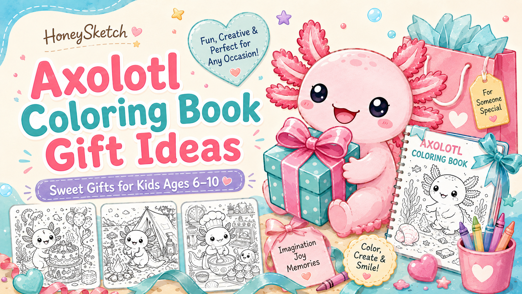 Axolotl coloring book gift ideas with a cute pink axolotl, wrapped present, crayons, coloring-book preview, and gift bag.
