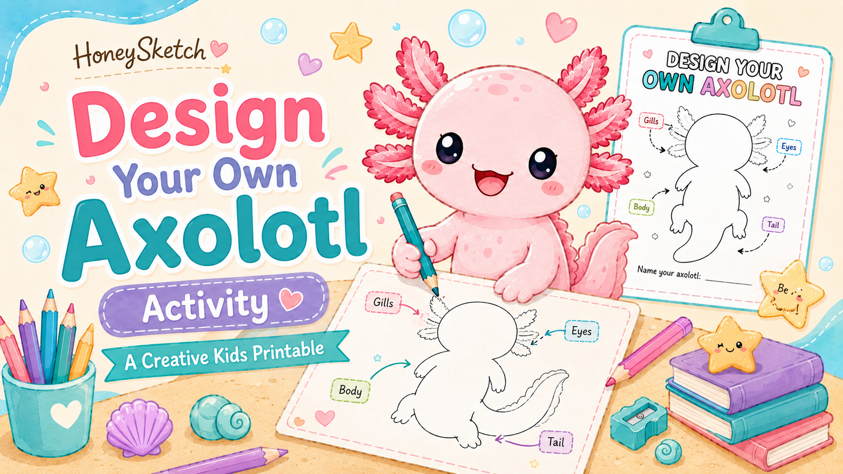 Design your own axolotl activity with colorful character ideas, art supplies, patterns, and a blank axolotl design page.