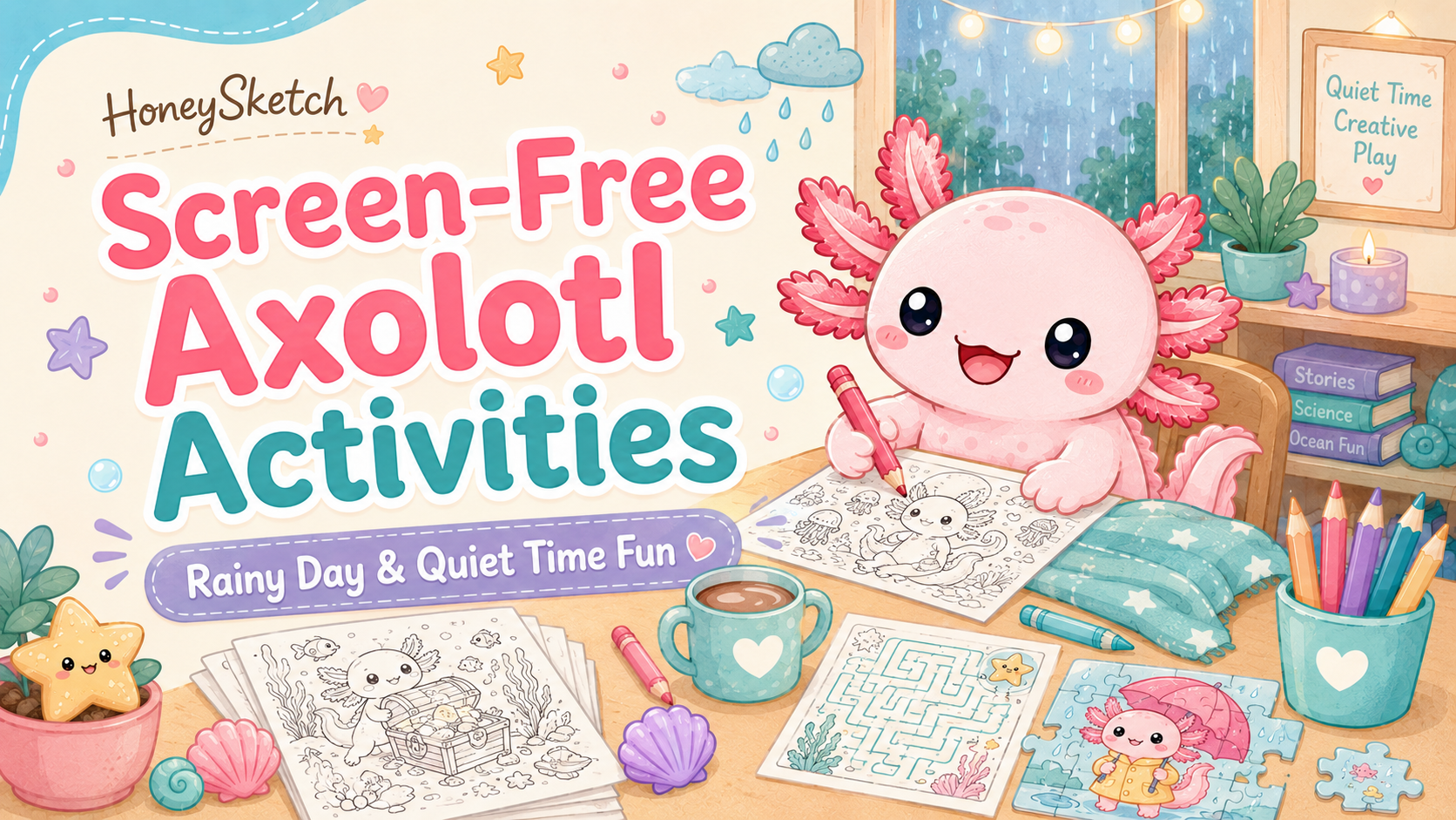 Cozy screen-free axolotl activities for rainy days with coloring supplies, books, crafts, music, and a cute pink axolotl.