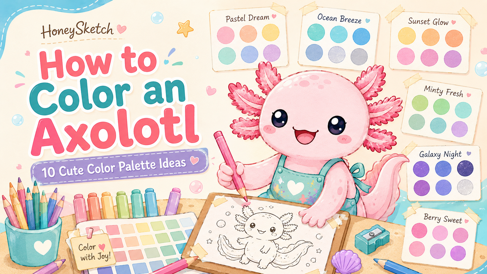 How to color an axolotl with colorful pink, blue, purple, mint, yellow, and rainbow palette examples.