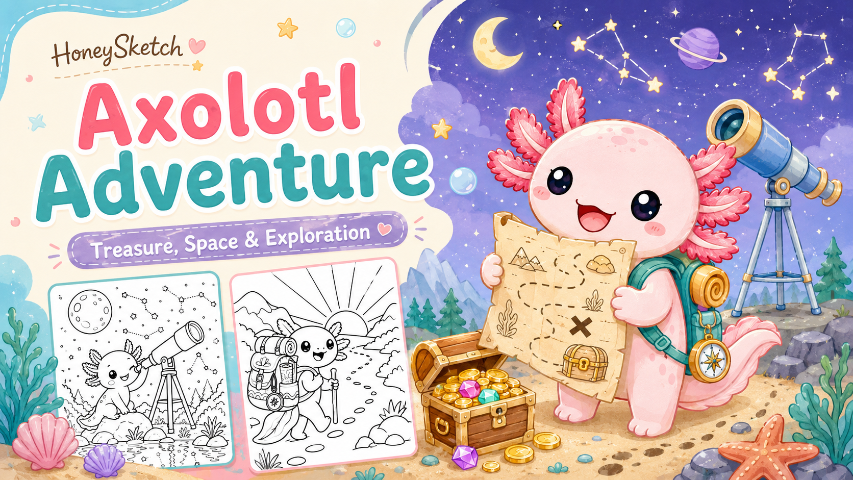 Cute axolotl explorer holding a treasure map beside a treasure chest, telescope, stars, and adventure coloring pages.