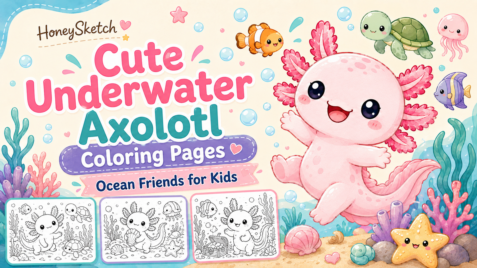 Smiling pink axolotl swimming underwater with fish, a turtle, jellyfish, coral, shells, and coloring-page previews.