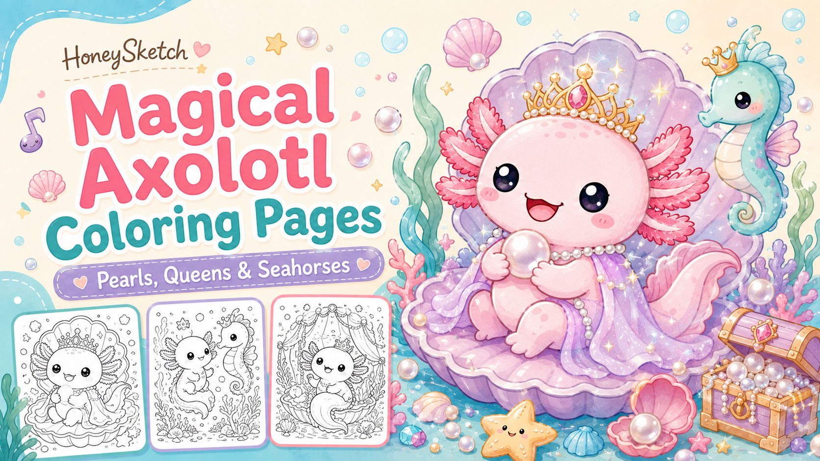 Magical Axolotl Coloring Pages With Pearls, Queens, and Seahorses