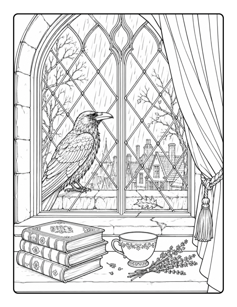 Dark academia raven coloring page with gothic window, teacup, stacked books, lavender, curtain, and rainy city view.