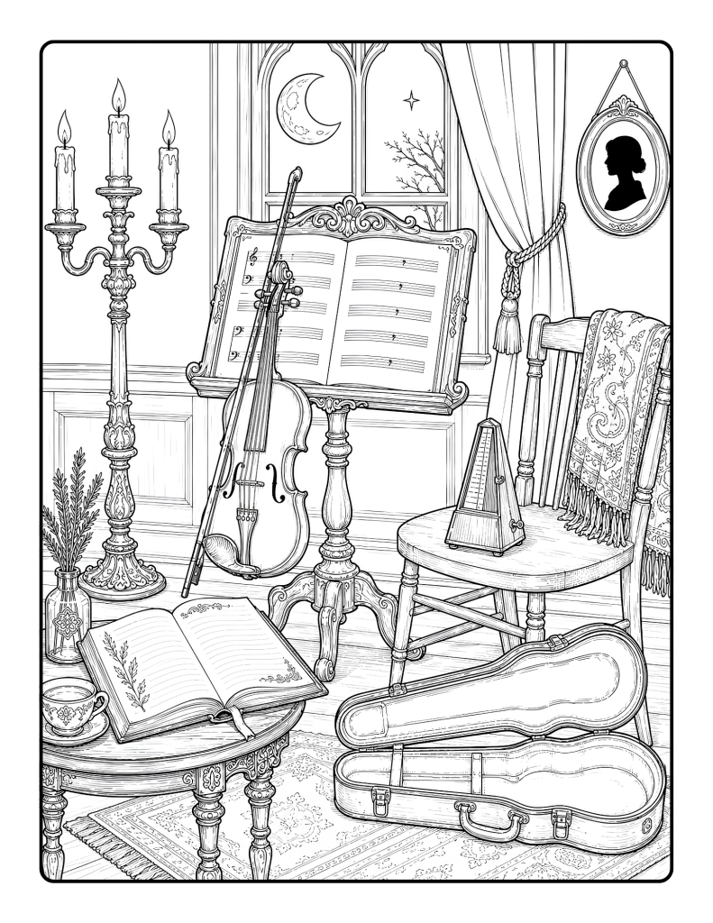 Dark academia music room coloring page with violin, music stand, candles, books, tea, chair, and moonlit window.