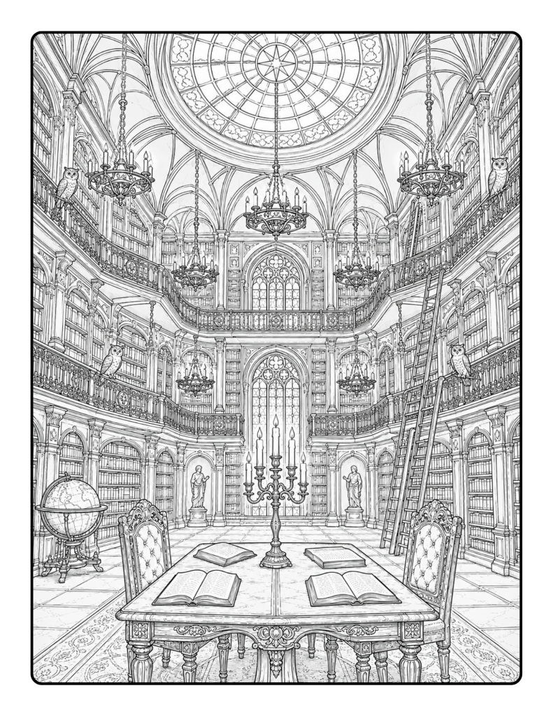 Grand gothic library coloring page with chandeliers and bookshelves