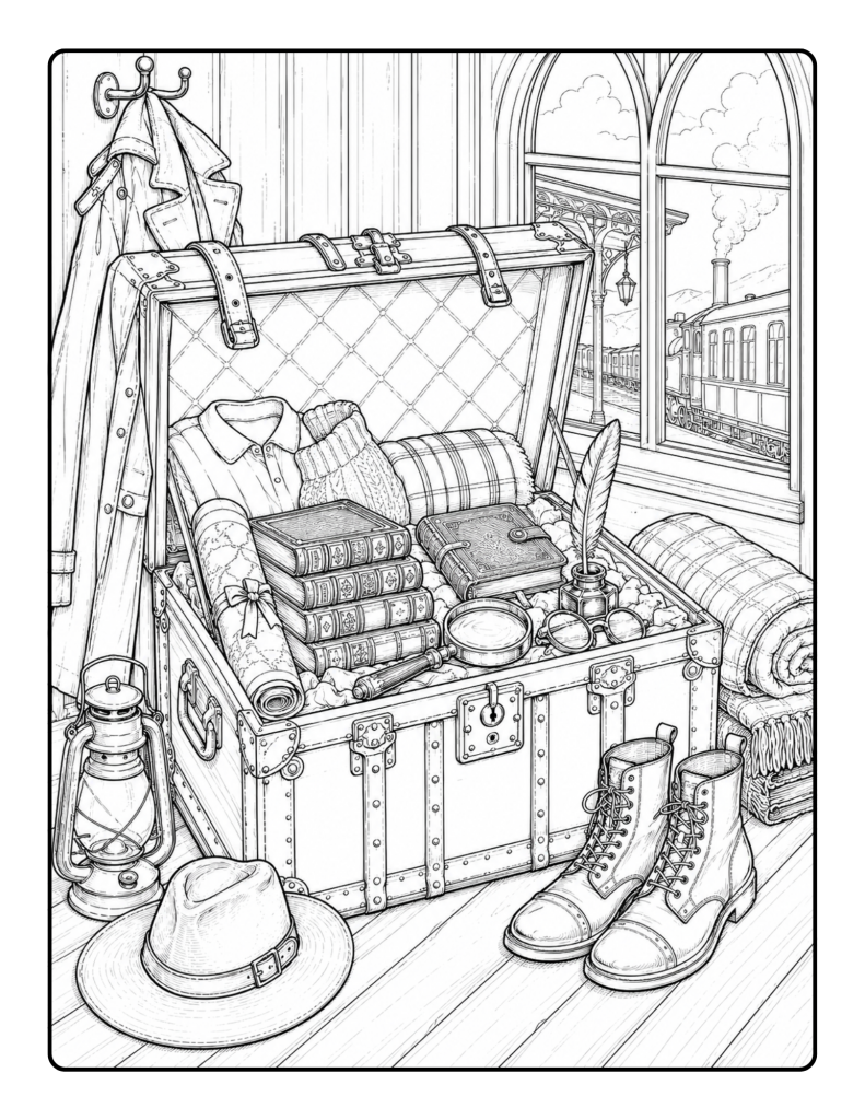 Dark academia travel coloring page with open trunk, books, coat, boots, hat, lantern, quill, and train window.