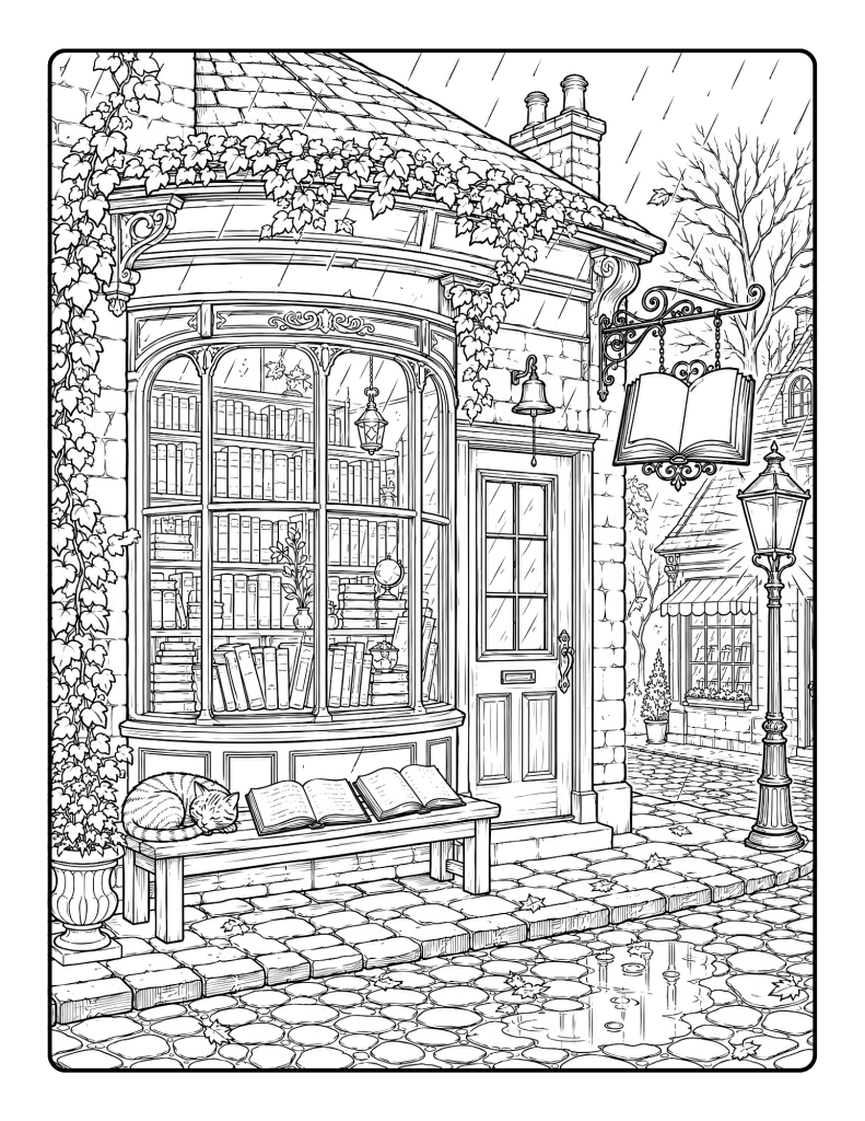 Dark academia bookshop coloring page with rainy street, ivy-covered storefront, open book sign, bench, lamps, and sleeping cat.