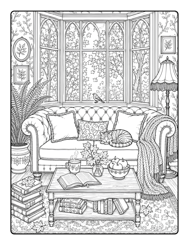 Cozy dark academia living room coloring page with sofa, books, tea, autumn leaves, framed art, and sleeping cat.
