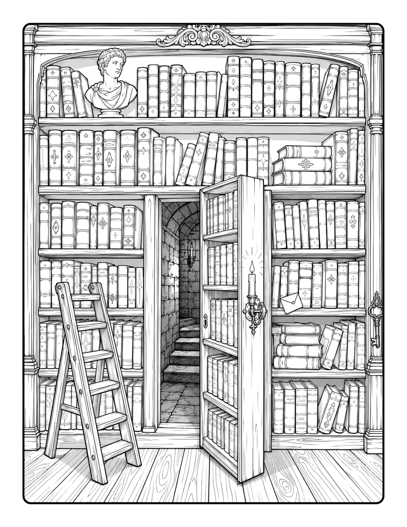Hidden library doorway coloring page
