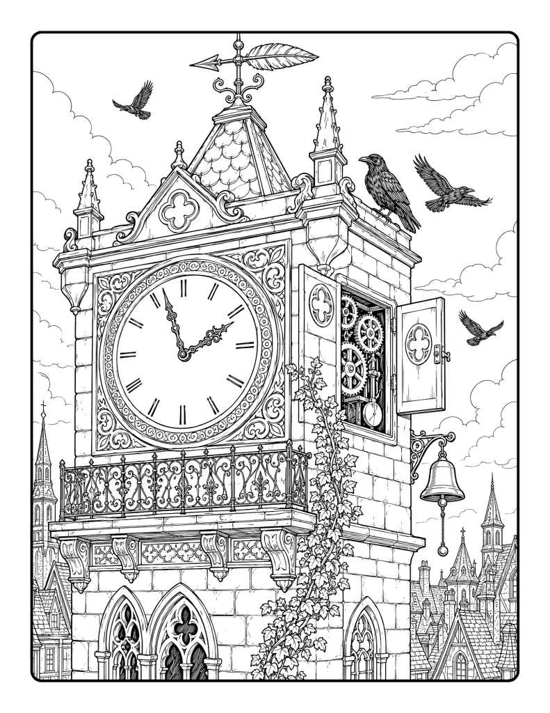 Dark academia clock tower coloring page with gothic architecture, ravens, ivy, bell, ornate stonework, and old rooftops.