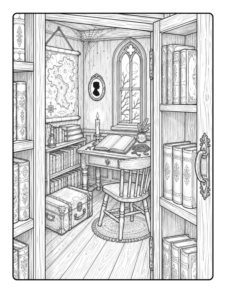 Dark academia secret study room coloring page with bookshelves, desk, candle, window, chair, map, and wooden doorway.