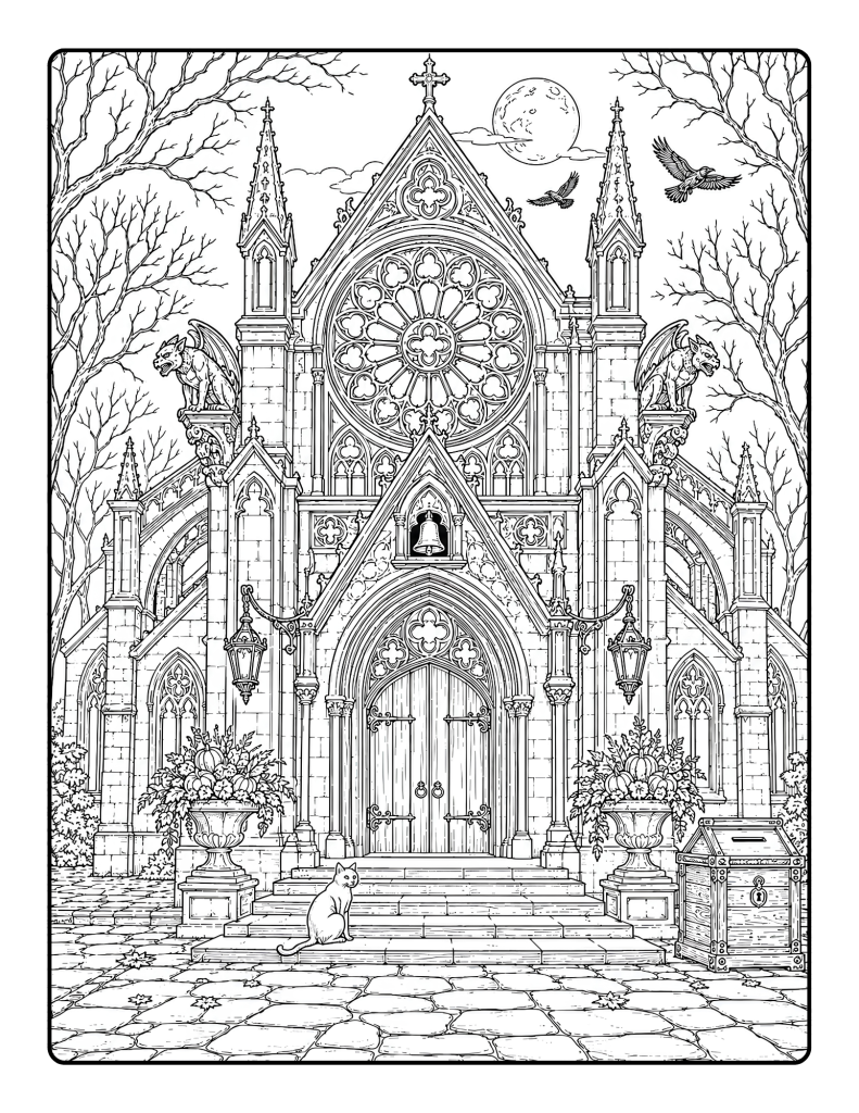 Detailed gothic cathedral coloring page with rose window, gargoyles, moon, ravens, planters, and stone steps.