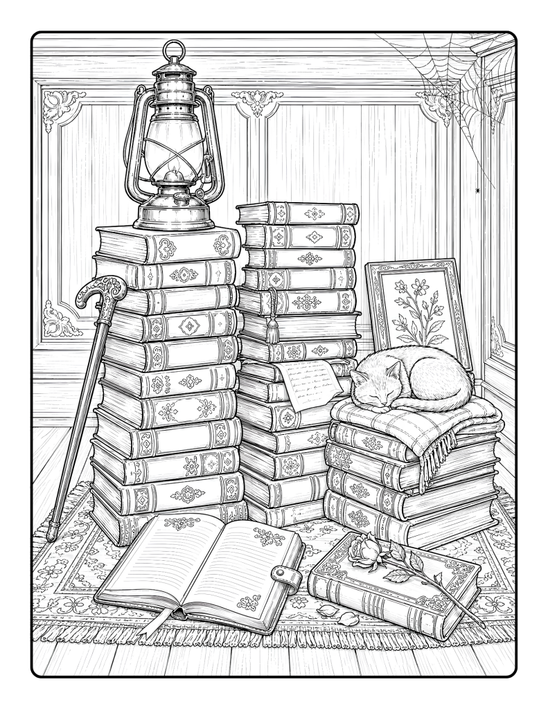 Dark academia coloring page with antique books, lantern, and sleeping cat