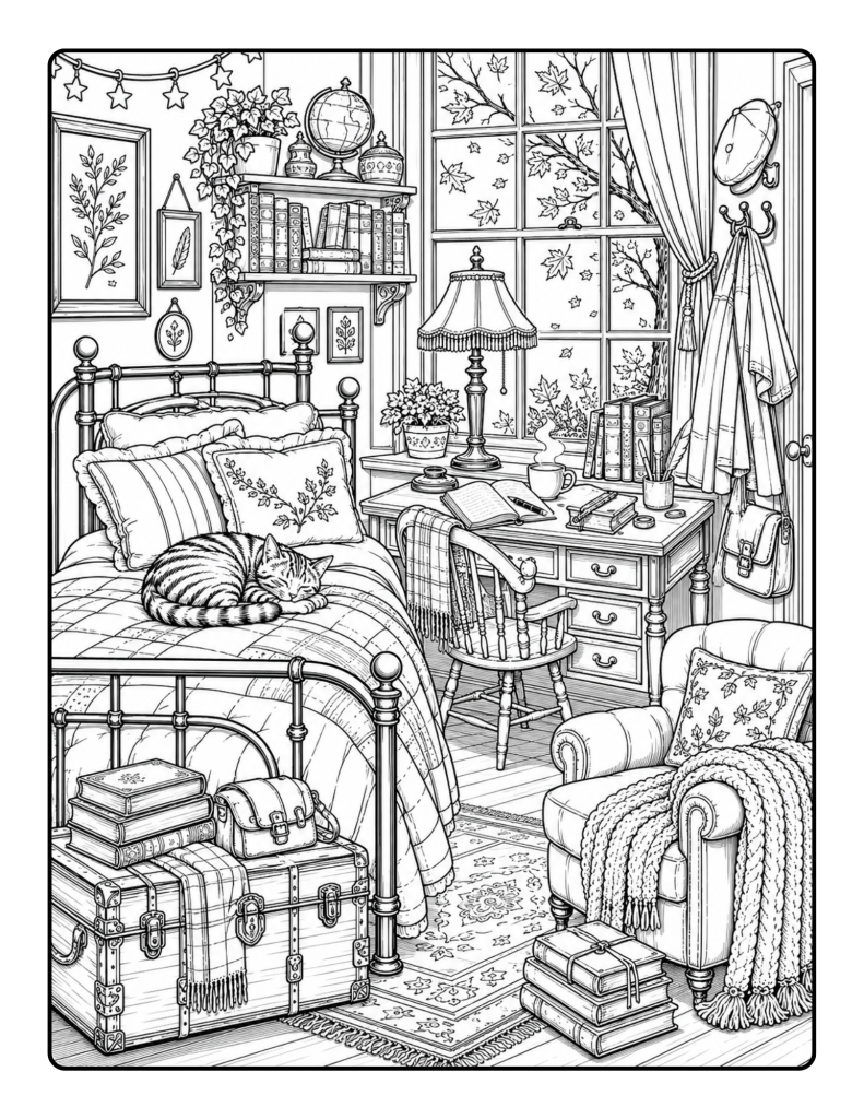 Dark academia bedroom study coloring page with bed, desk, books, autumn window, armchair, trunk, and sleeping cat.