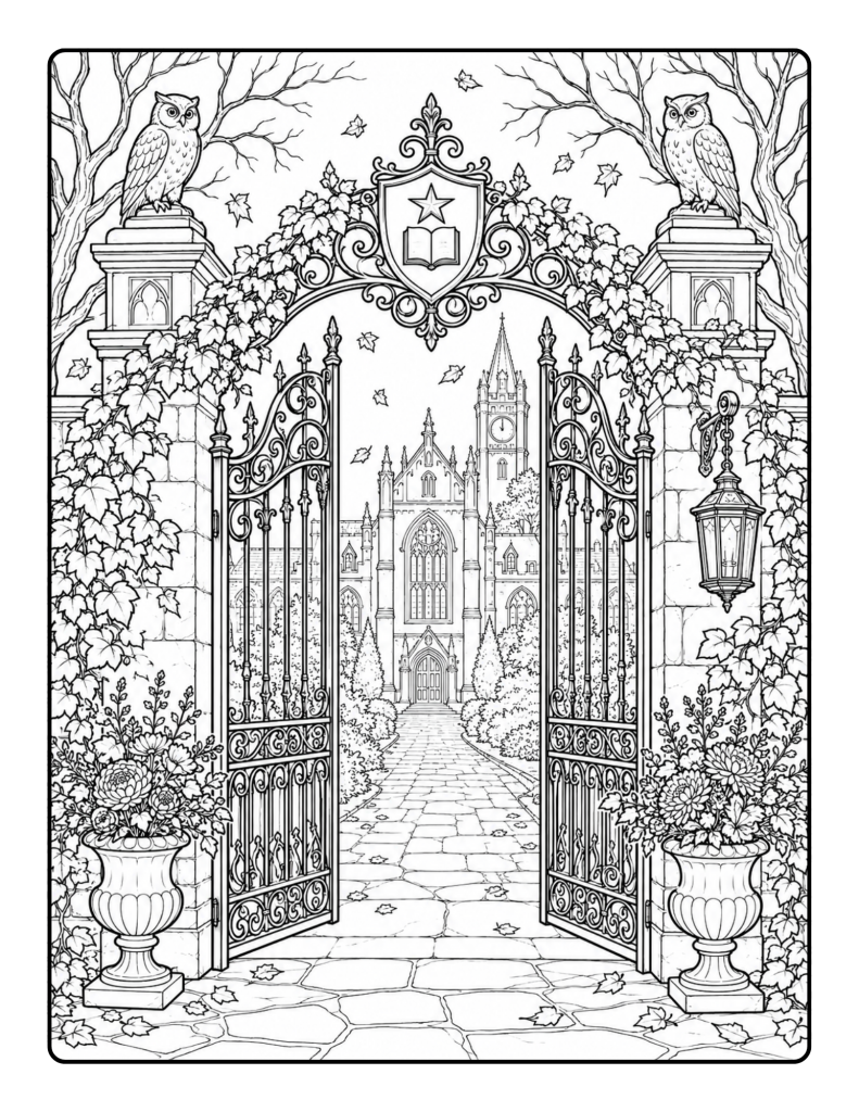Gothic gate dark academia coloring page with owls, ivy, lantern, stone pillars, and old university building.