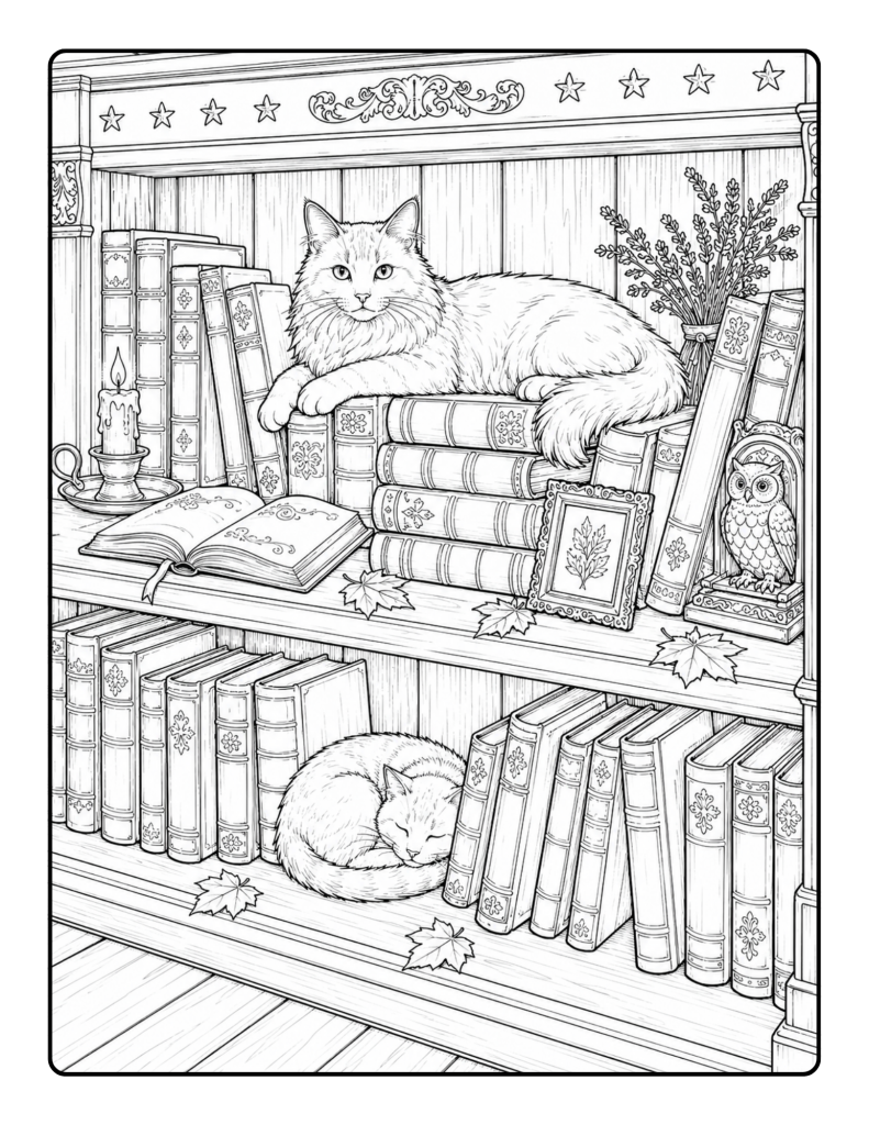 Cats on bookshelf coloring page