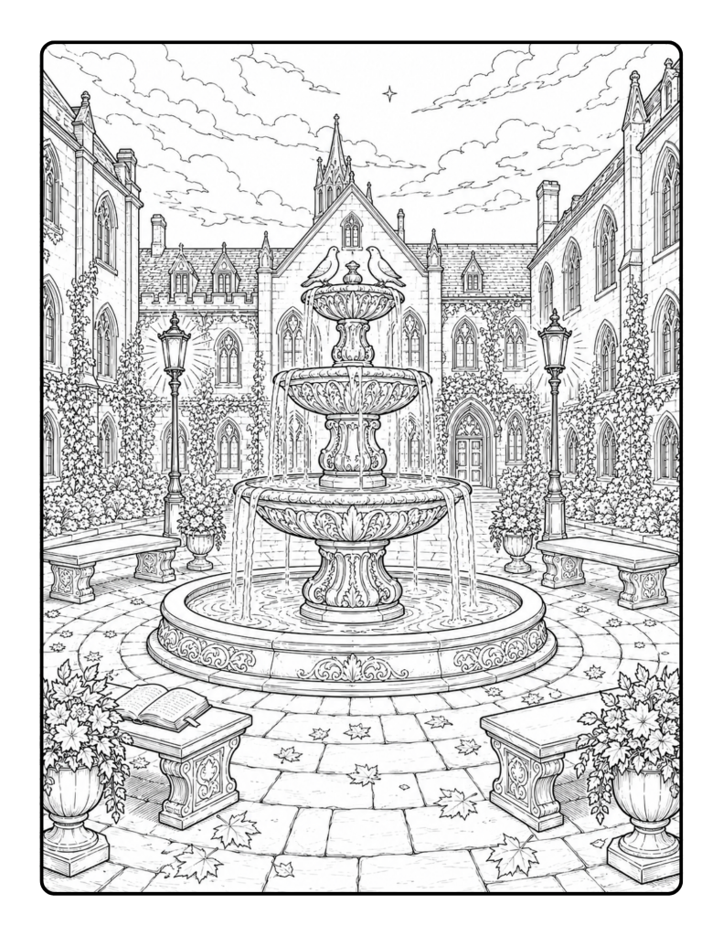 Dark academia courtyard coloring page with gothic buildings, stone fountain, benches, ivy, flowers, and autumn leaves.