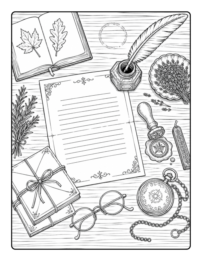 Vintage writing desk coloring page with quill, ink, paper, pocket watch, books, glasses, sealed letter, and dried herbs.