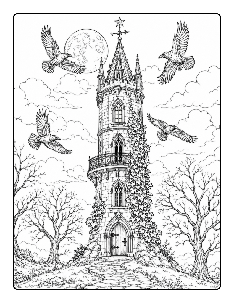 Dark academia coloring page with tall gothic tower, moon, flying ravens, bare trees, ivy, and stone pathway.