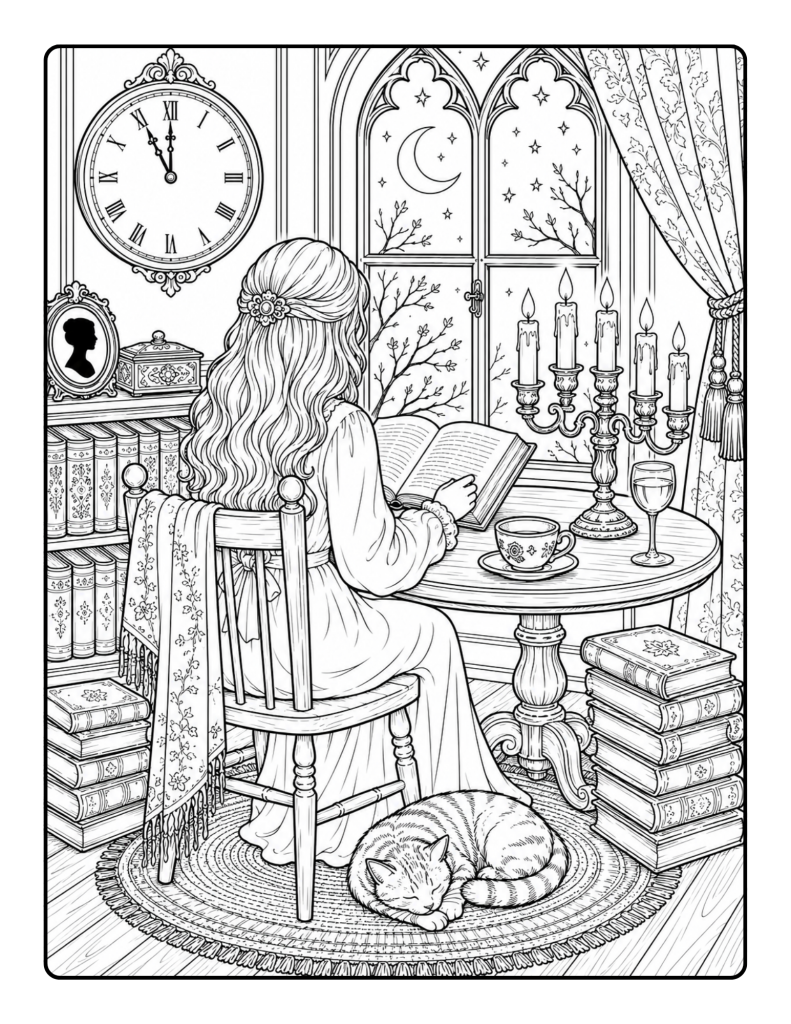Woman reading by candlelight dark academia coloring page