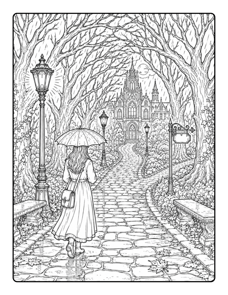 Rainy dark academia coloring page with woman walking under umbrella toward gothic university building.