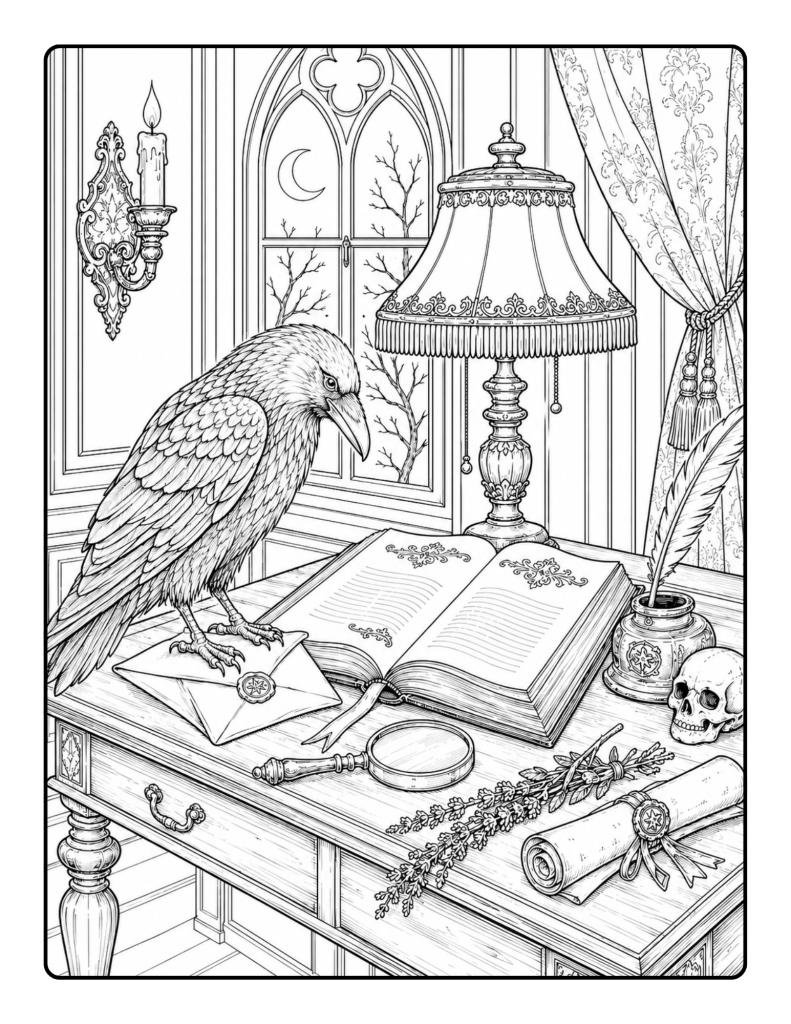 Dark academia raven coloring page with open book, skull, quill, lamp, lavender, scroll, and gothic window.